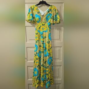 Jack Hartley 1960s Retro Yellow Blue Floral Keyhole Flutter Sleeve Maxi Dress